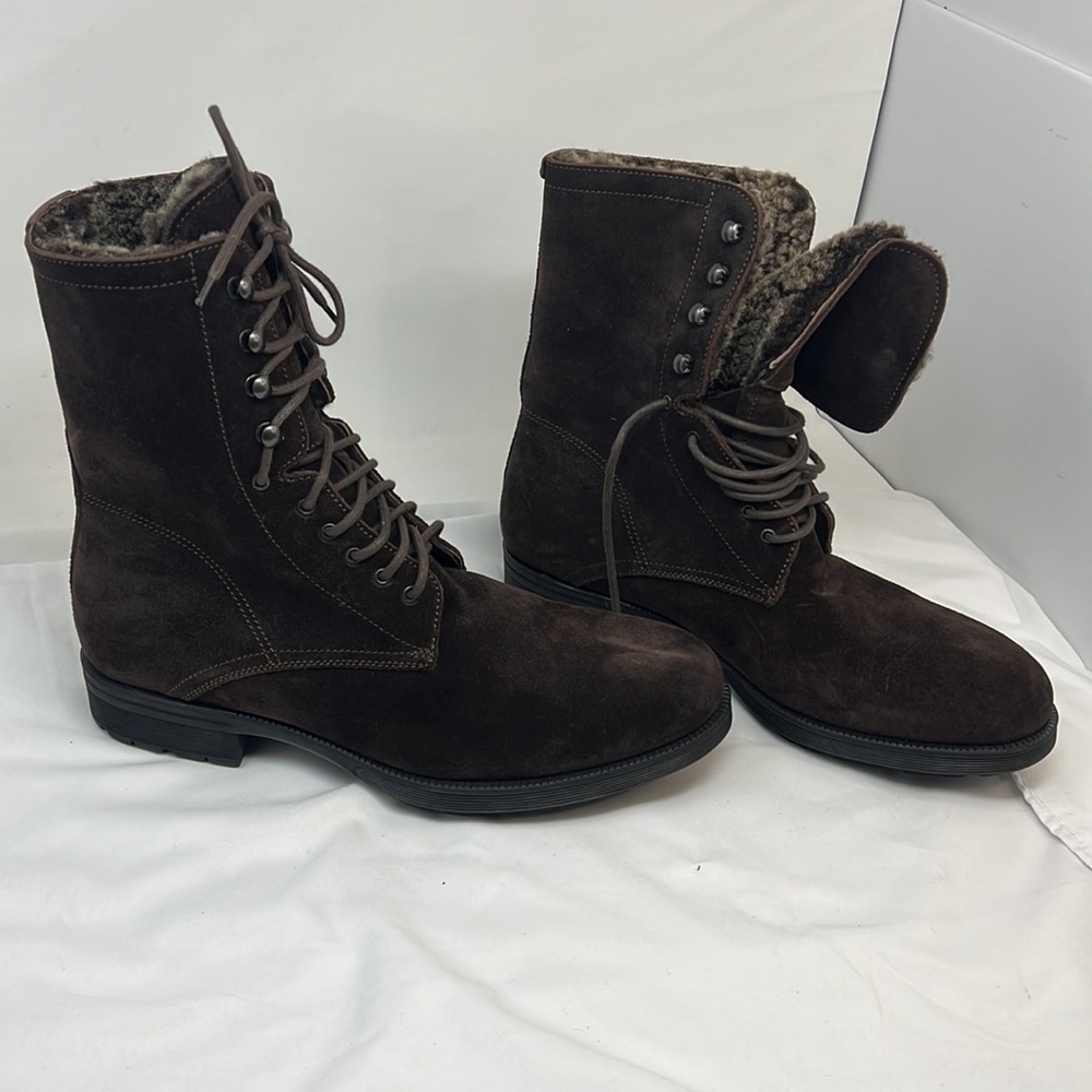 Men’s Sz 9.5 Brown Suede Full Fur Lined Lace Up Lug Boots - Picture 2 of 12